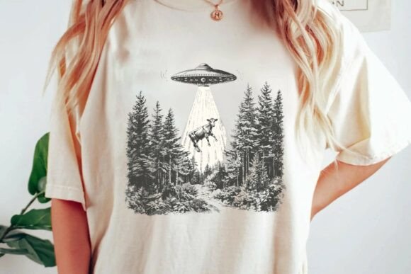 Retro Sci-Fi Charm: The Vintage Alien UFO Abducting Cow PNG